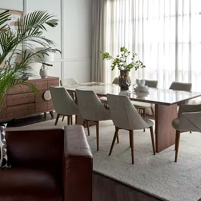8 Seater Ceramic Top Dining Table with 8 Fabric Dining Chair