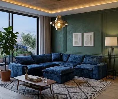Stylish Blue Sofa Set, 5 Seater with Matching Stool Included.