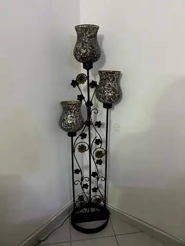 Triple Mosaic Glass Floor Lamp with Wrought Iron Floral Stand