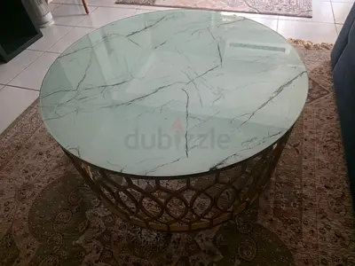 Round Marble-Top Coffee Table with Gold Metal Base - Good Condition