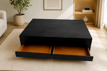 Low black wooden coffee table with two pull-out drawers