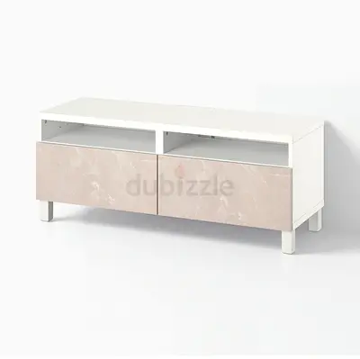 White TV Unit / Entertainment Cabinet with Marble-Effect Drawers