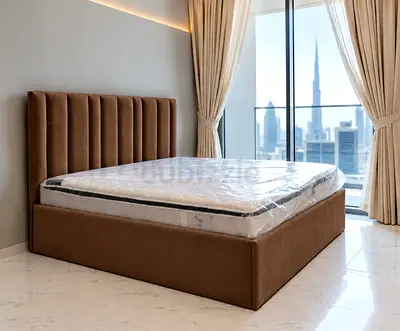Brown Upholstered Modern king size bed frame with Mattress Available