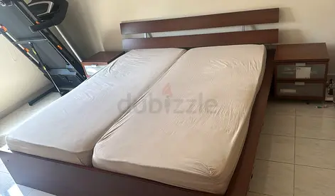 Queen Size Bed Frame + mattress with 2 Matching Bedside Tables- TAKE ALL