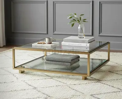 Glass and Gold Metal Square Coffee Table with Lower Shelf