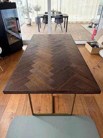 Solid Wood Herringbone Dining Table with Metal Base - Excellent Condition, Only Table