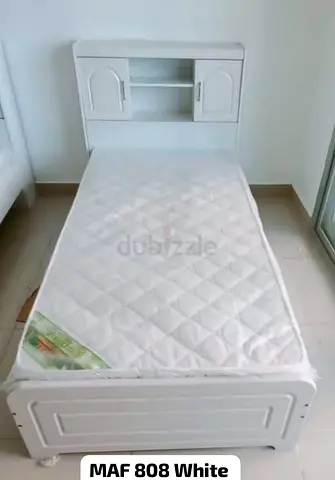 Single White Wooden Bed with Headboard Storage and Mattress (MAF 808)
