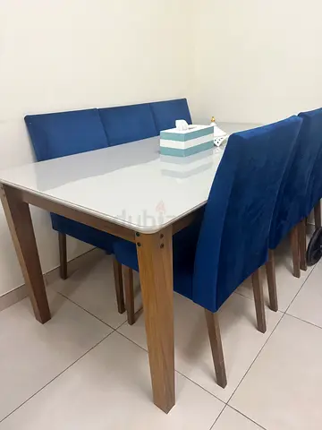 Wooden Dining Table with Blue Velvet Bench and Chairs - Good Condition