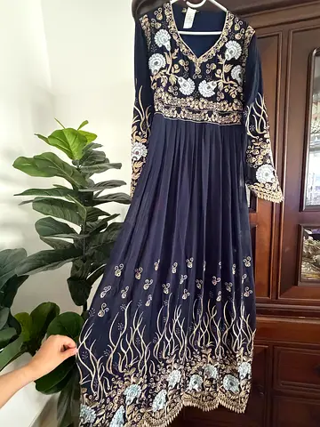 Navy blue embroidered traditional long dress (Anarkali-style)