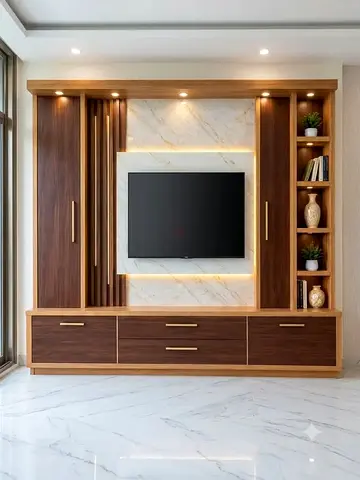 Wooden TV Entertainment Center with Storage and Display Shelves