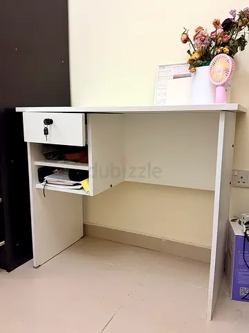 White compact study desk with drawer and storage shelf
