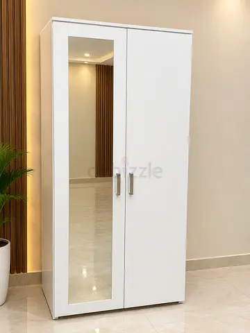 White 2-Door Wardrobe with Mirror - Good Condition
