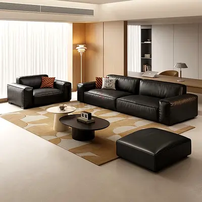 Black Leather Modular Sofa Set with Ottoman - Modern