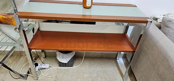 Wood and Chrome Console Table with Glass Top - Good Condition