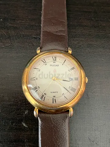 Vintage Pulsar Quartz Men's Watch with Brown Leather Strap