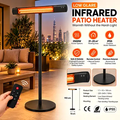 2500W Infrared Patio Heater - Free Standing, Remote Control, Low Glare