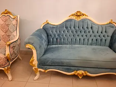 Luxury classic sofa set 3+2+2 with centre table and side table, blue velvet, carved gold and ivory.