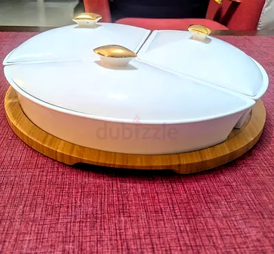 White Ceramic 3-Compartment Serving Dish with Bamboo Base