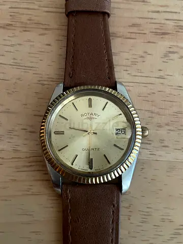 Vintage Rotary Datejust Swiss Made Quartz Men's Watch with Brown Leather Strap