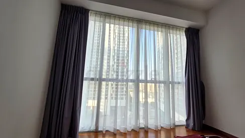 Full-length grey blackout curtains with white sheer panels - for Rihan Heights 1 bedroom windows