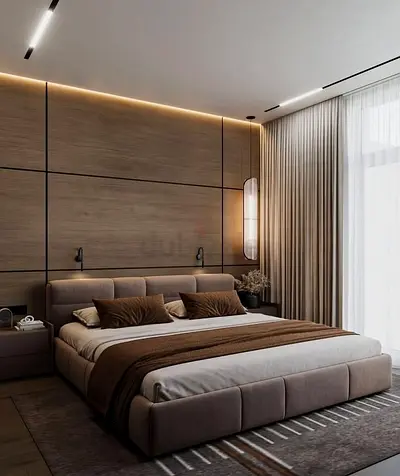 Modern upholstered low platform bed with headboard - King size