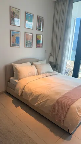 Queen bed frame with headboard, 4 storage boxes and mattress - light grey, good condition