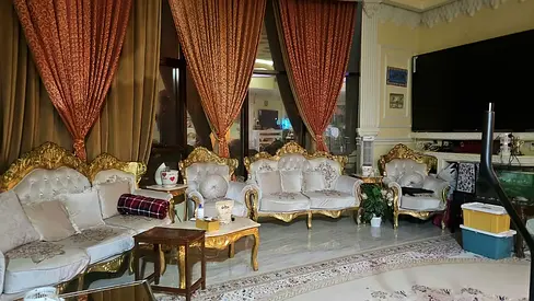 Classic gold-trimmed living room sofa set - 14 seating