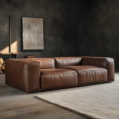 Brown leather 3-seater sofa with low back and deep seats