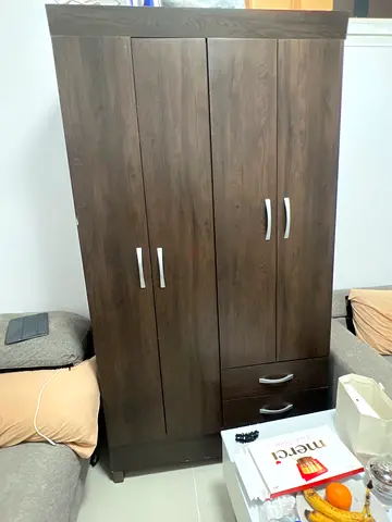 Dark Wood 3-Door Wardrobe with Drawers - Good Condition