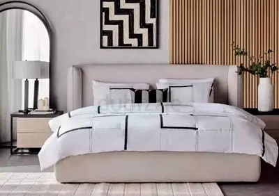 Modern king size upholstered bed frame with neutral headboard And Matrress