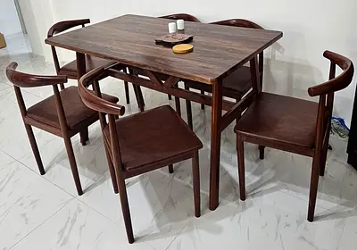 Wooden 6-Seater Dining Table with Curved Back Chairs - Solid Look