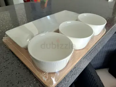 Set of 3 White Ceramic Bowls with Rectangular Serving Plate and Bamboo Tray - New