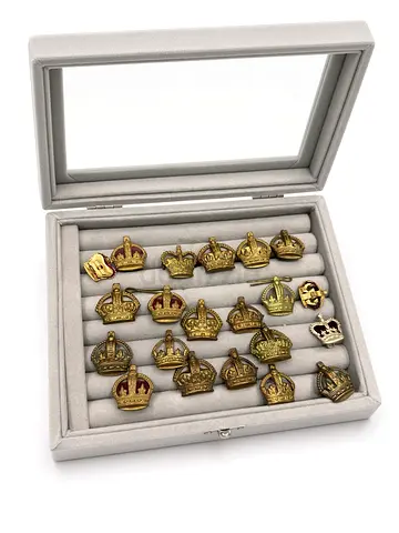 Lot of Vintage British Royal Crown Badges / Pins Mixed Gold-Tone with Red Enamel Display Box
