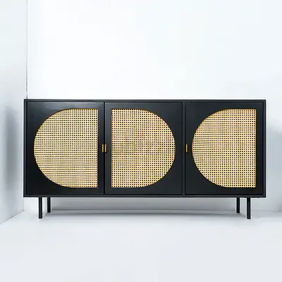 Black Rattan Front Sideboard / TV Console - 3 Door, Modern