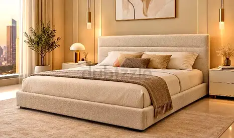 Beige Upholstered modren King size Cotton Fabric bed includong Matrress