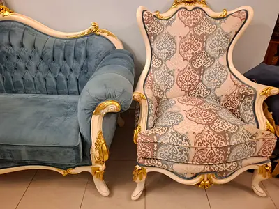 Luxury classic sofa set 3+2+2 with centre table and side table, blue velvet, carved gold and ivory