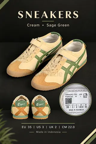 Cream & Sage Green Retro Sneakers EU35 / US3 — Good Condition