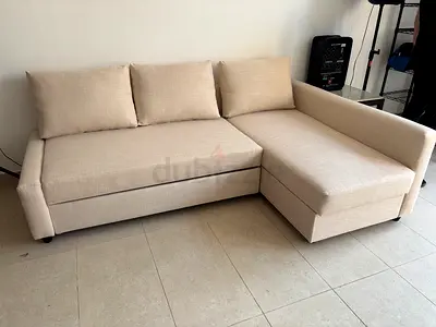 Beige L-shaped 3-seater Sofa bed with Chaise - Good Condition