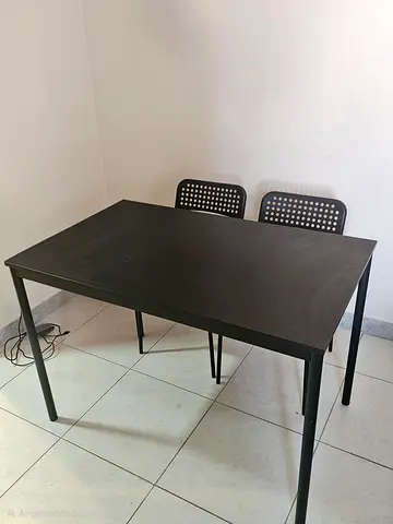 IKEA SANDSPERG Black dining/office table with two chairs - solid, minimal design