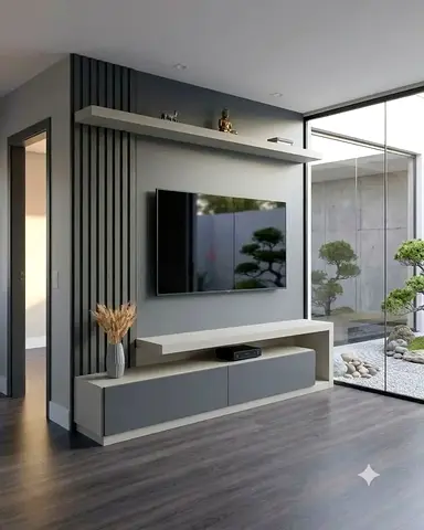 Modern wall-mounted entertainment unit with floating shelves - grey