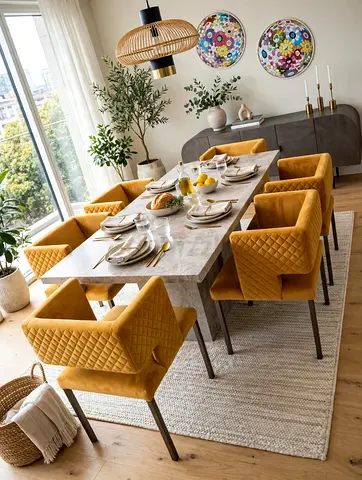 Modern marble-top dining table with 6 mustard quilted chairs set