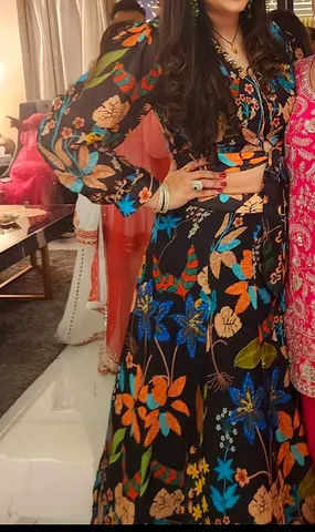 Floral Black Women's Two-Piece Set — Top and Long Skirt, Size medium to large