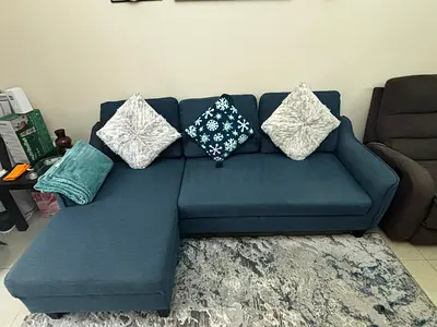 Blue L-shaped Fabric Sofa with Bed - Good Condition