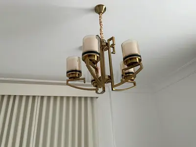 Brass Modern 5-Arm Ceiling Chandelier with Frosted Glass Shades