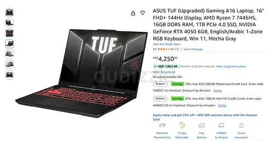 ASUS TUF Gaming A16 16" Ryzen 7, RTX 4050, 16GB RAM, 1TB SSD