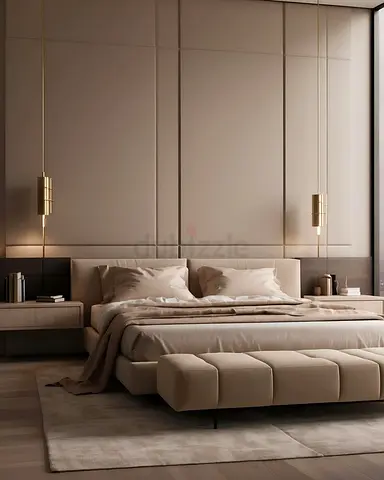 Modern beige upholstered bed with bench