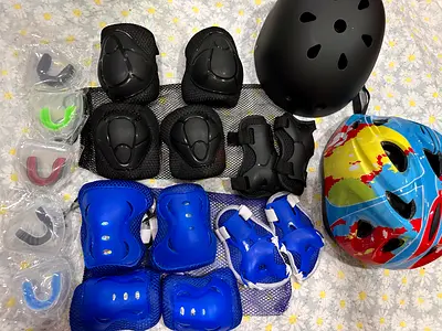 Kids Protective Gear Set - HELMETS Knee, Elbow Pads + Mouthguards for TWO CHILDREN COMPLETE SET