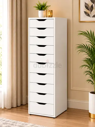 Tall White 10-Drawer Storage Cabinet / Chest - Narrow Vertical Dresser