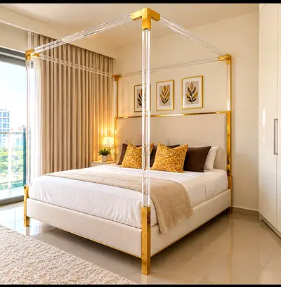 Modern Gold & Acrylic Four-Poster Bed with Upholstered Headboard