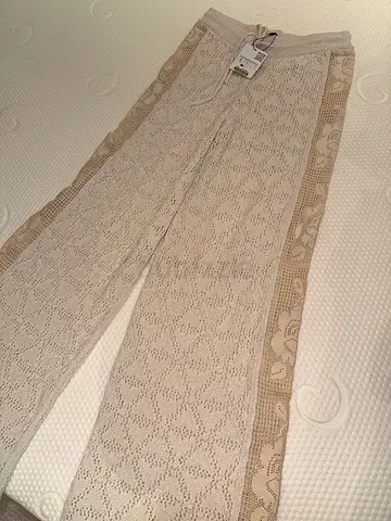 Beige Crochet Knit Wide-Leg Trousers with Side Trim - New with Tags size S